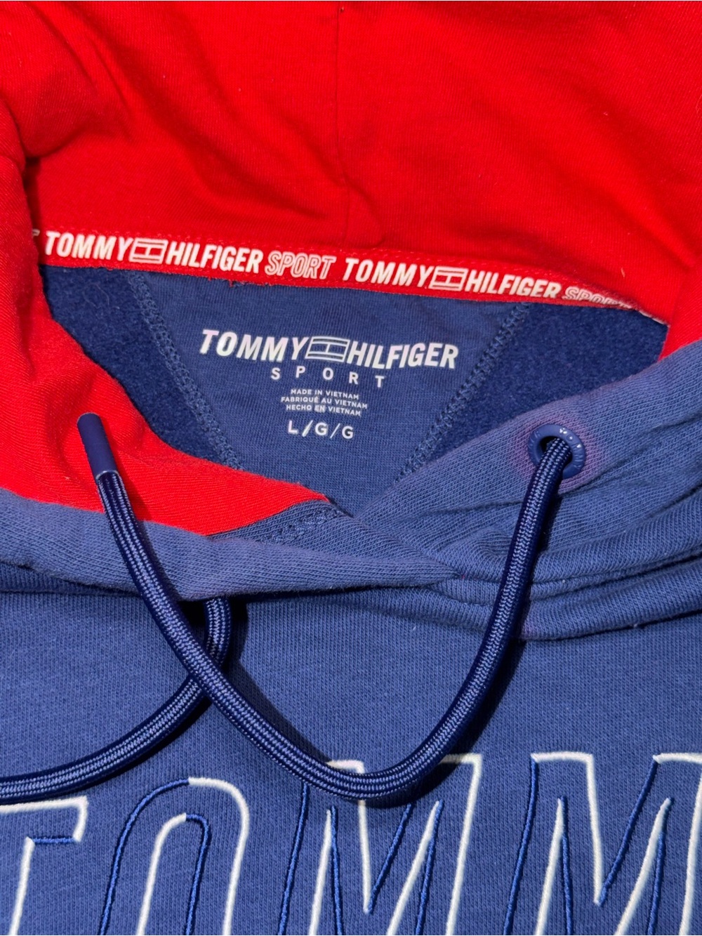 Tommy Hilfiger Navy Crewneck Hoodie with Red Hood Lining - Picture 2 of 2